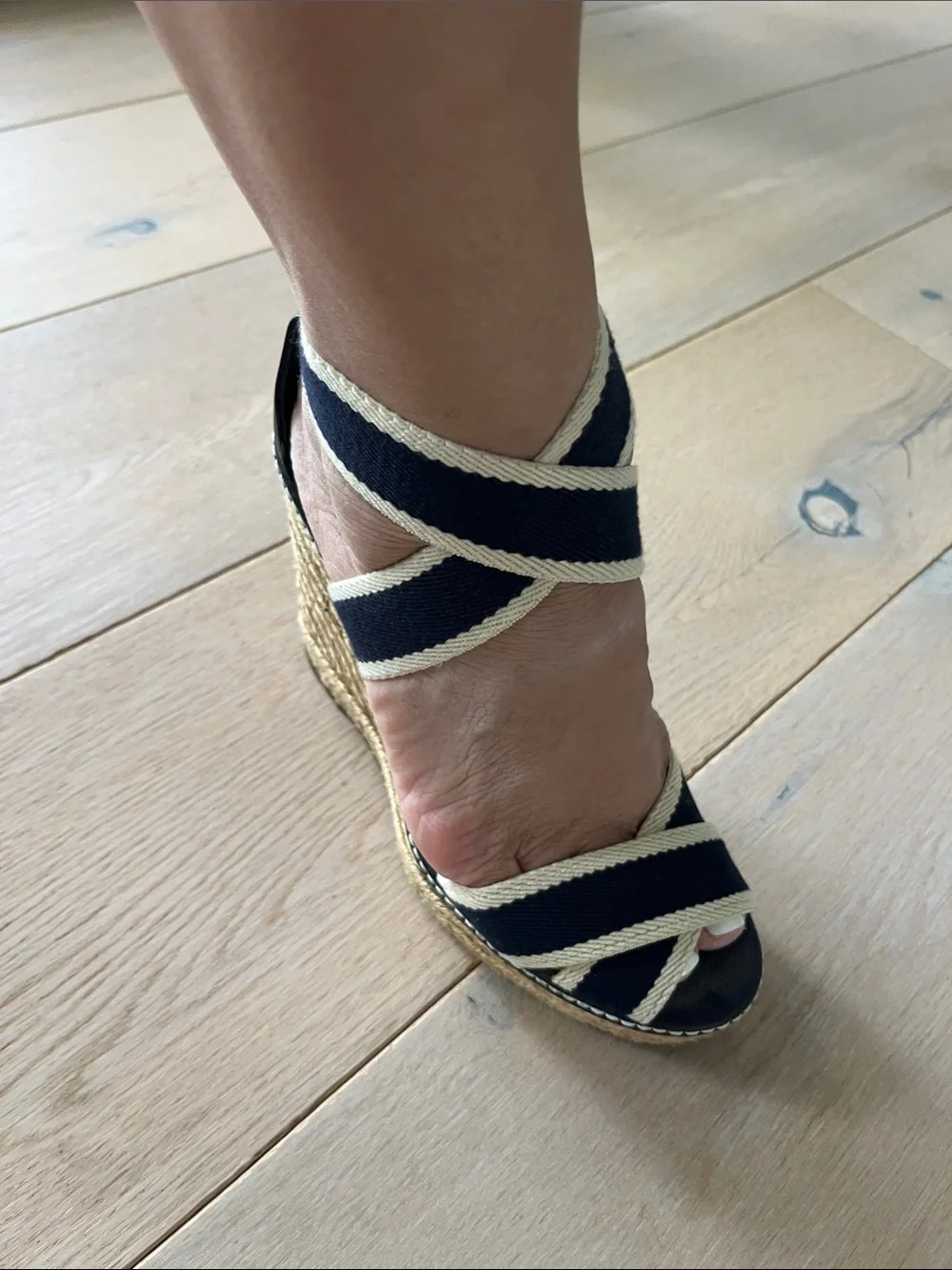 Tory Burch Navy and Cream Adonis Espadrille Wedge Sandals